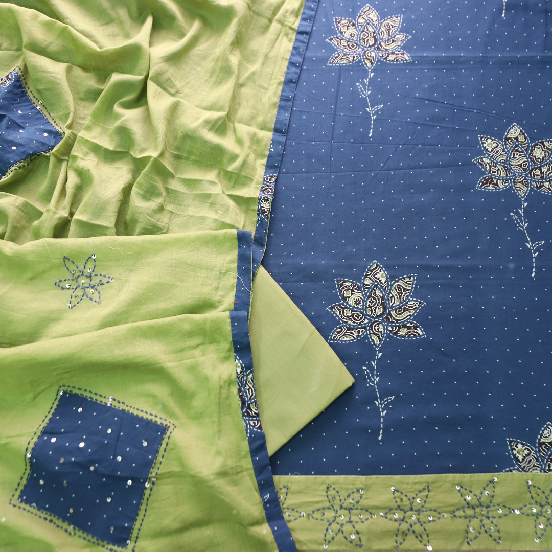 Saloni Cerulean Blue Ajrak Floral Print with Thread Hem Cotton Set
