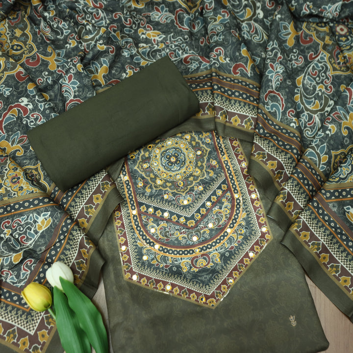 राजकोटि Olive Green Balanced Digital Print with Patra Work Semi Pashmina winter Set