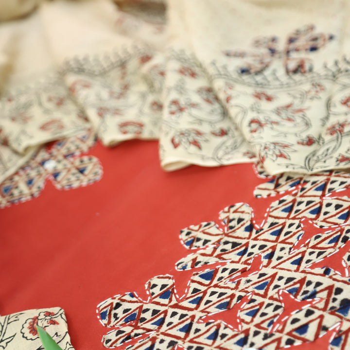 Saloni Rust Orange Applique Kalamkari Patch Hem Glazed Cotton Set