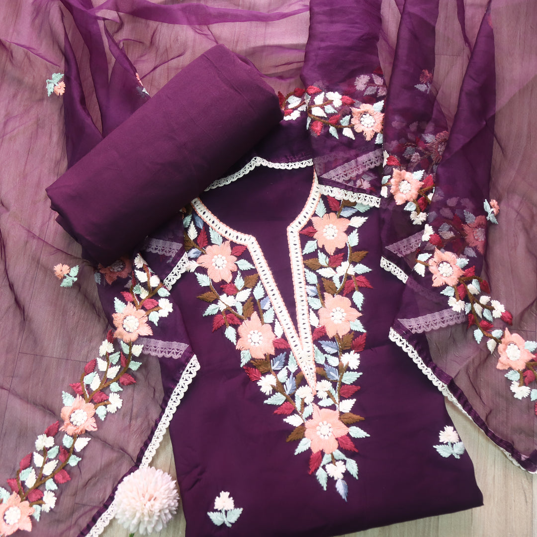 Riwayaat Eggplant Purple Chikankari inspired Neck Work Modal Suit Set