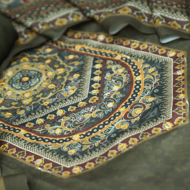 राजकोटि Olive Green Balanced Digital Print with Patra Work Semi Pashmina winter Set