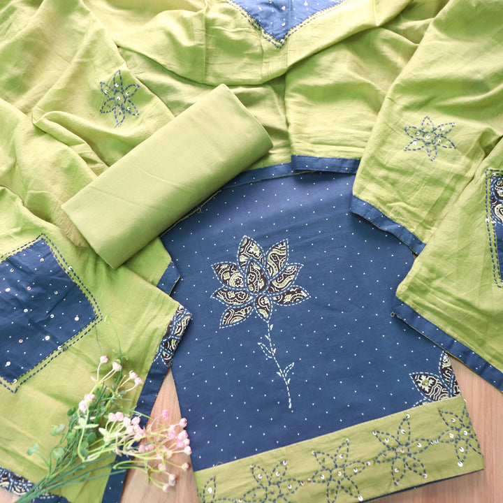 Saloni Cerulean Blue Ajrak Floral Print with Thread Hem Cotton Set