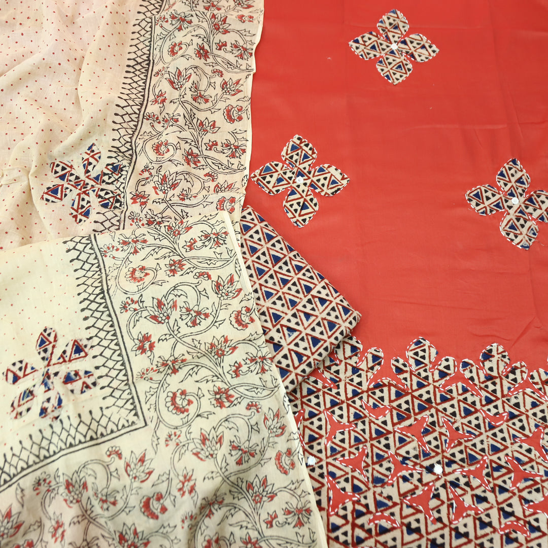 Saloni Rust Orange Applique Kalamkari Patch Hem Glazed Cotton Set