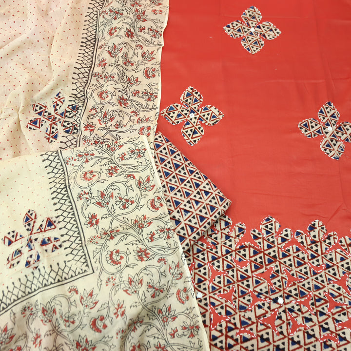 Saloni Rust Orange Applique Kalamkari Patch Hem Glazed Cotton Set