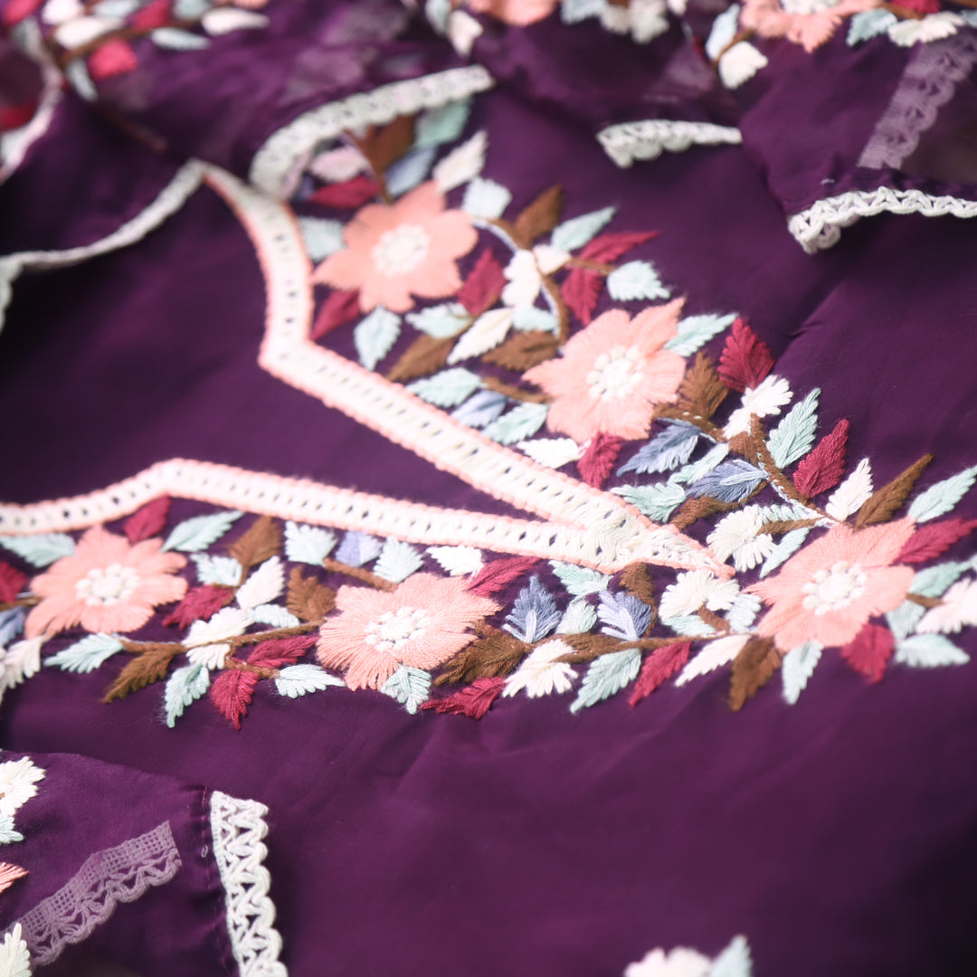 Riwayaat Eggplant Purple Chikankari inspired Neck Work Modal Suit Set