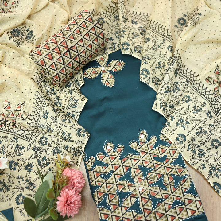 Saloni Cerulean Teal Applique Kalamkari Patch Hem Glazed Cotton Set
