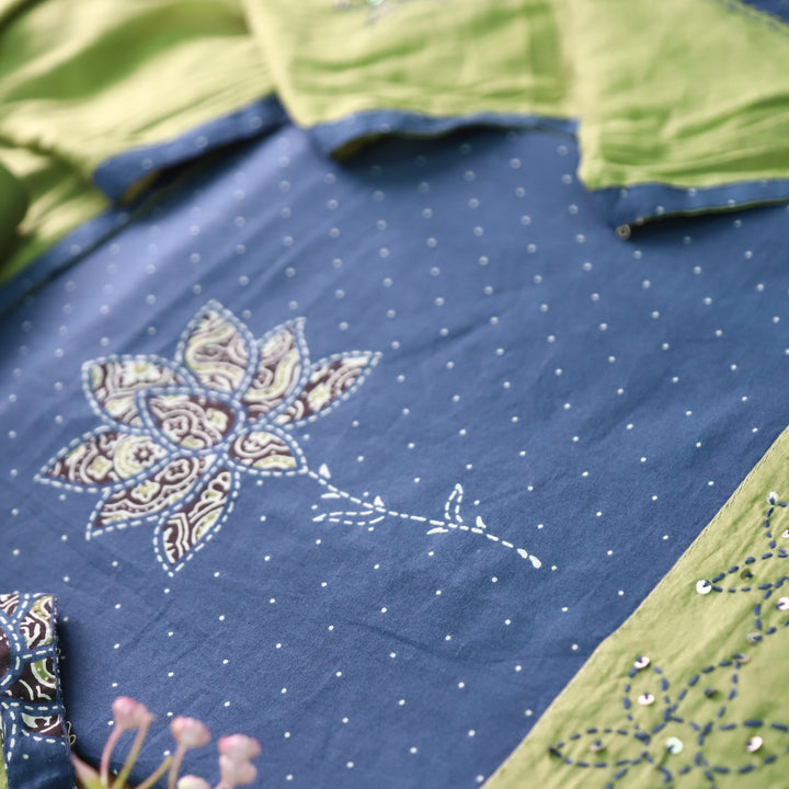 Saloni Cerulean Blue Ajrak Floral Print with Thread Hem Cotton Set