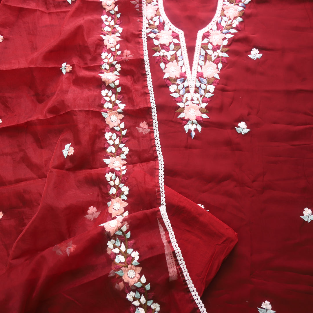 Riwayaat Cherry Red Chikankari inspired Neck Work Modal Suit Set