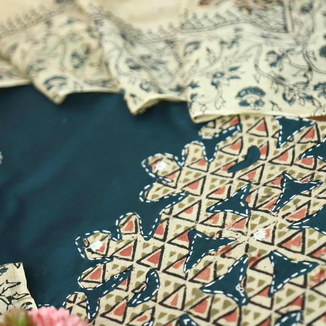 Saloni Cerulean Teal Applique Kalamkari Patch Hem Glazed Cotton Set