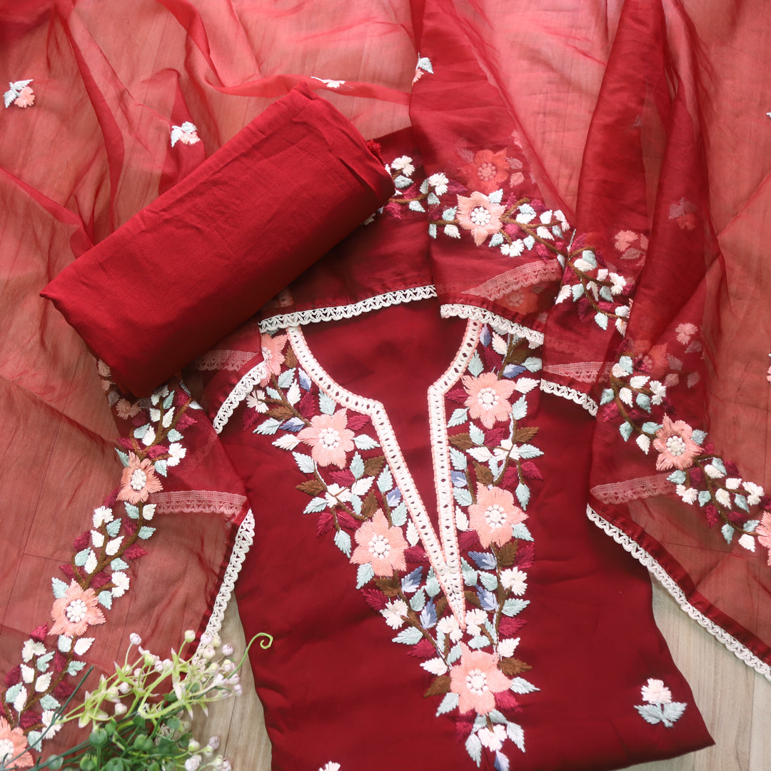 Riwayaat Cherry Red Chikankari inspired Neck Work Modal Suit Set