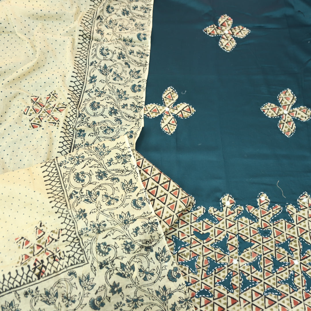 Saloni Cerulean Teal Applique Kalamkari Patch Hem Glazed Cotton Set