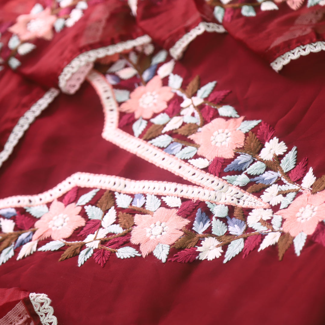 Riwayaat Cherry Red Chikankari inspired Neck Work Modal Suit Set