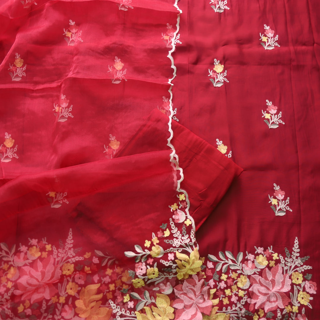 Rivva Berry Red with Kashida Embroidered Hem Modal Suit Set
