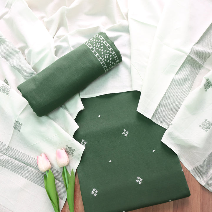 Madhubala Green with All Over Thread Weaved Handloom Cotton Set