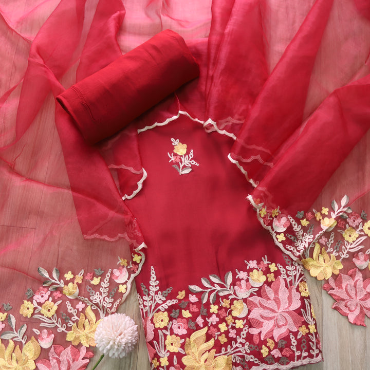 Rivva Berry Red with Kashida Embroidered Hem Modal Suit Set