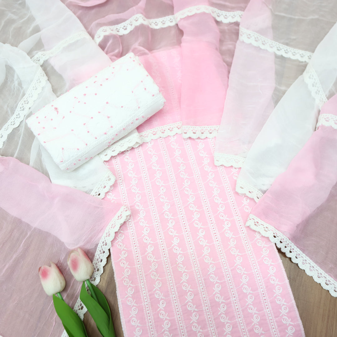 Nurvi Soft Pink All Over Theard Work Cotton Schiffli Set