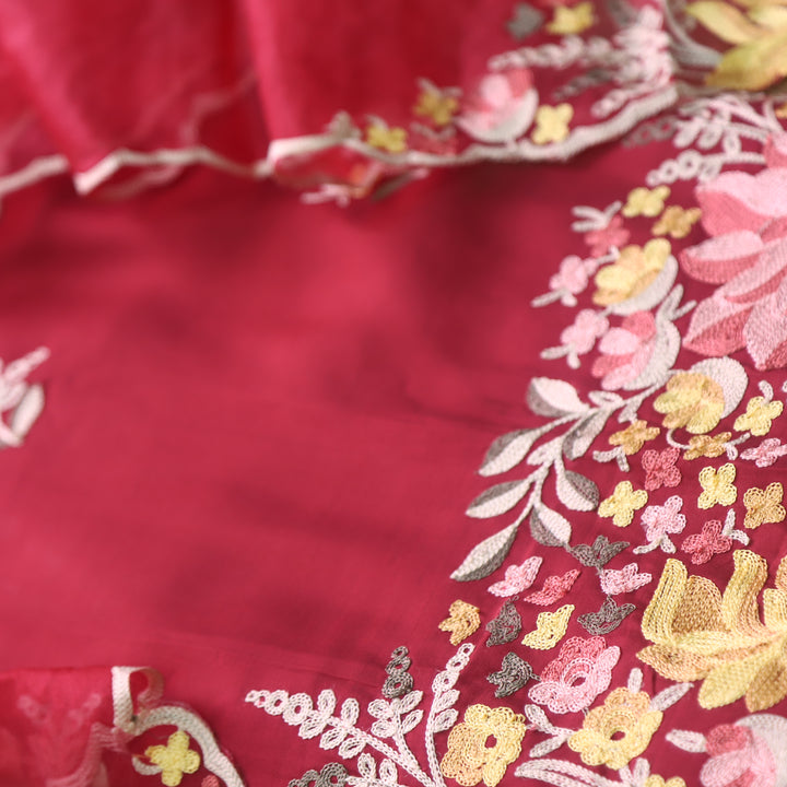 Rivva Berry Red with Kashida Embroidered Hem Modal Suit Set