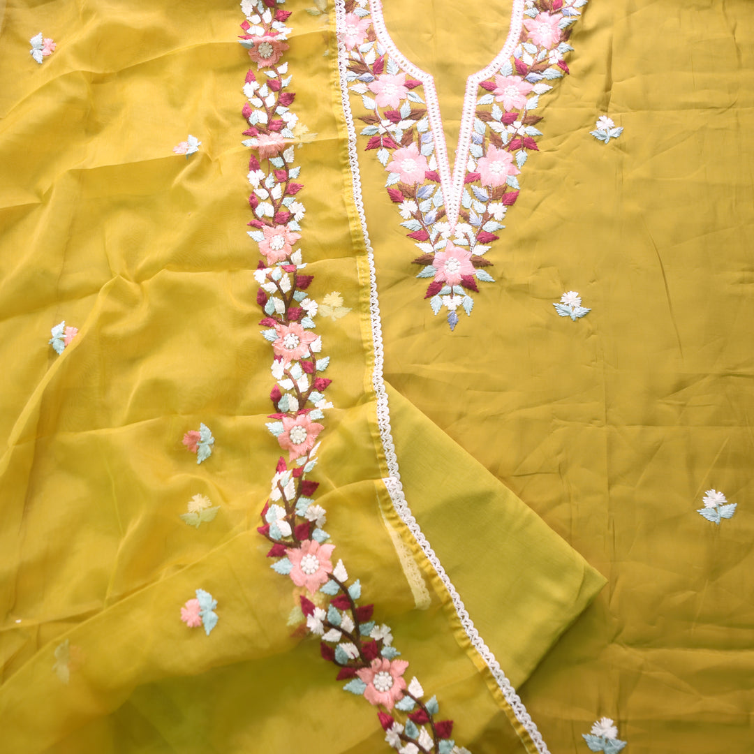 Riwayaat Dandelion Yellow Chikankari inspired Neck Work Modal Suit Set