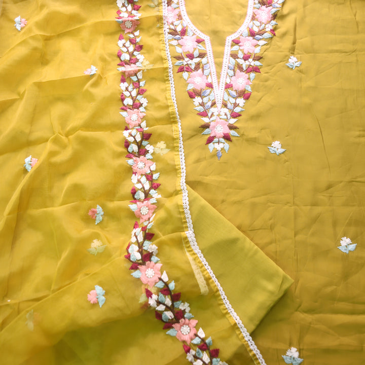 Riwayaat Dandelion Yellow Chikankari inspired Neck Work Modal Suit Set