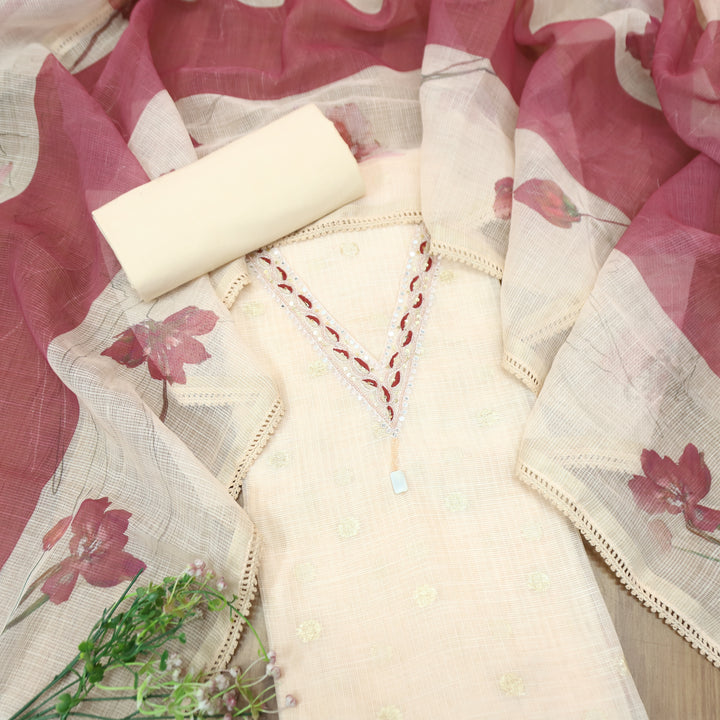 Siara Cream Peach V Neck Moti Kardana Work Floral Print Kota Doriya Set