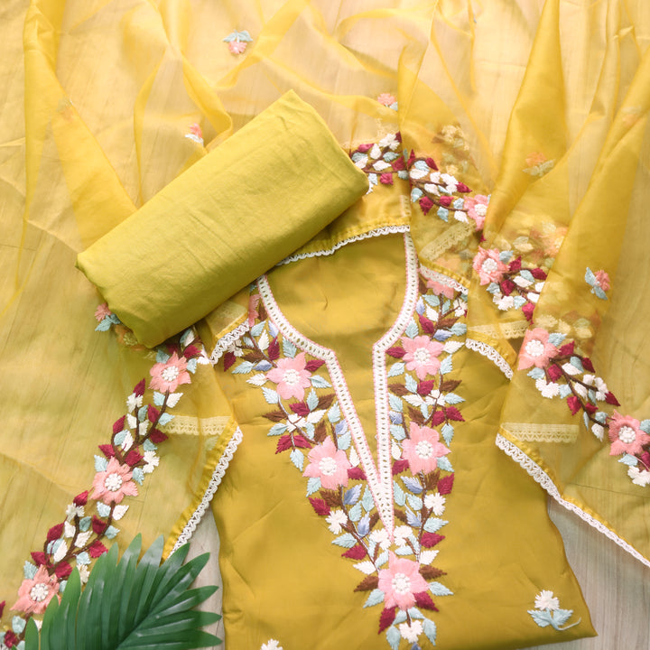 Riwayaat Dandelion Yellow Chikankari inspired Neck Work Modal Suit Set