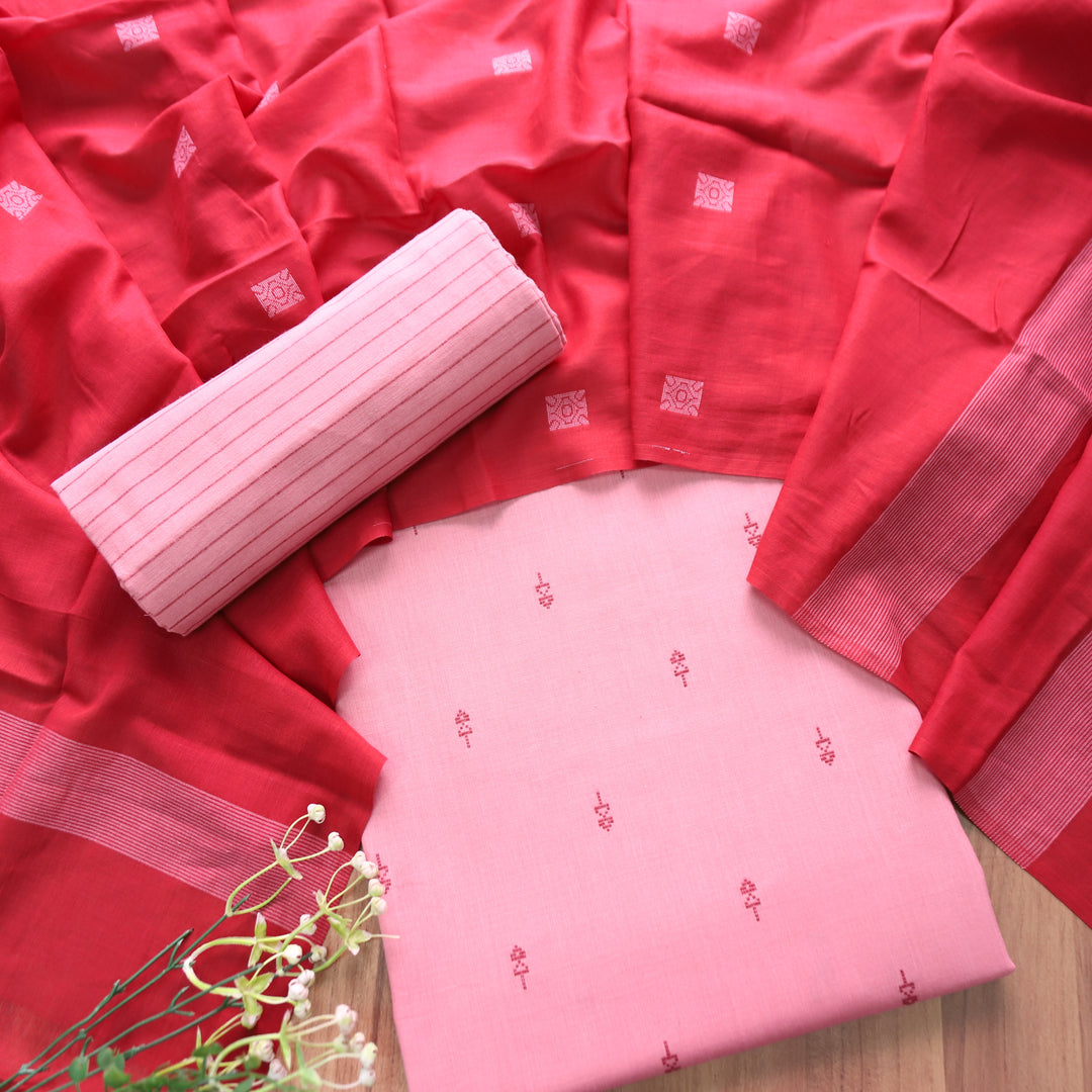 Bijuria Flamingo Pink All Over Thread Weaved Work in South Cotton Set