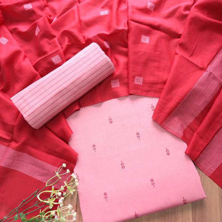 Bijuria Flamingo Pink All Over Thread Weaved Work in South Cotton Set