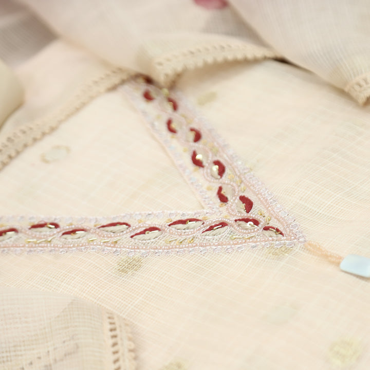 Siara Cream Peach V Neck Moti Kardana Work Floral Print Kota Doriya Set
