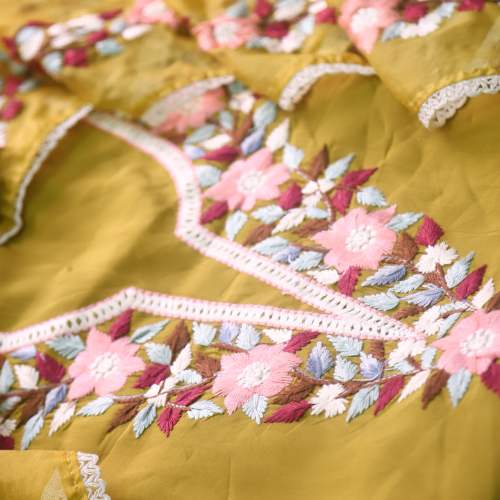 Riwayaat Dandelion Yellow Chikankari inspired Neck Work Modal Suit Set