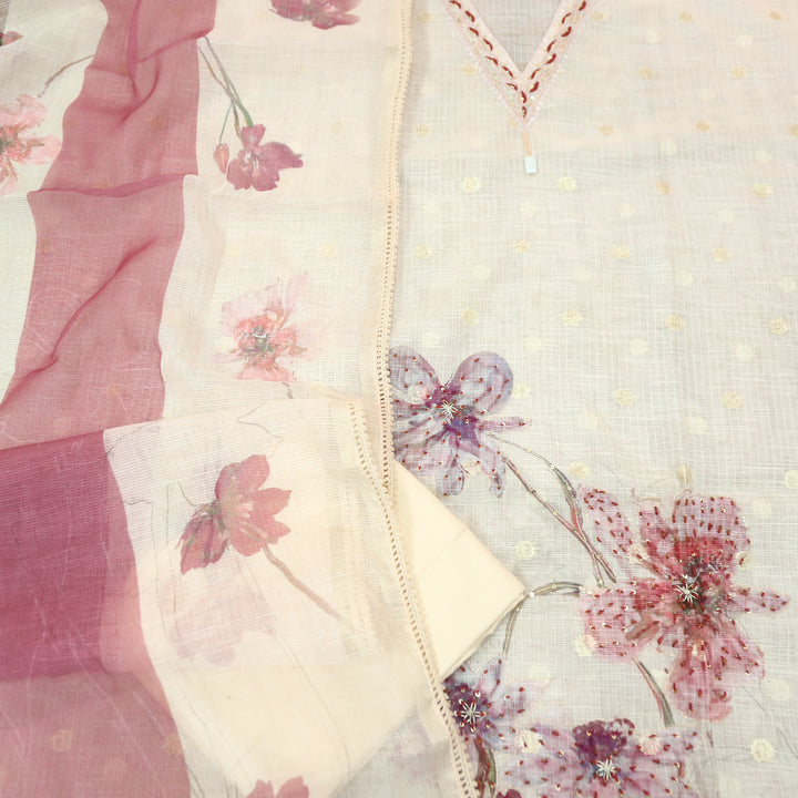 Siara Cream Peach V Neck Moti Kardana Work Floral Print Kota Doriya Set