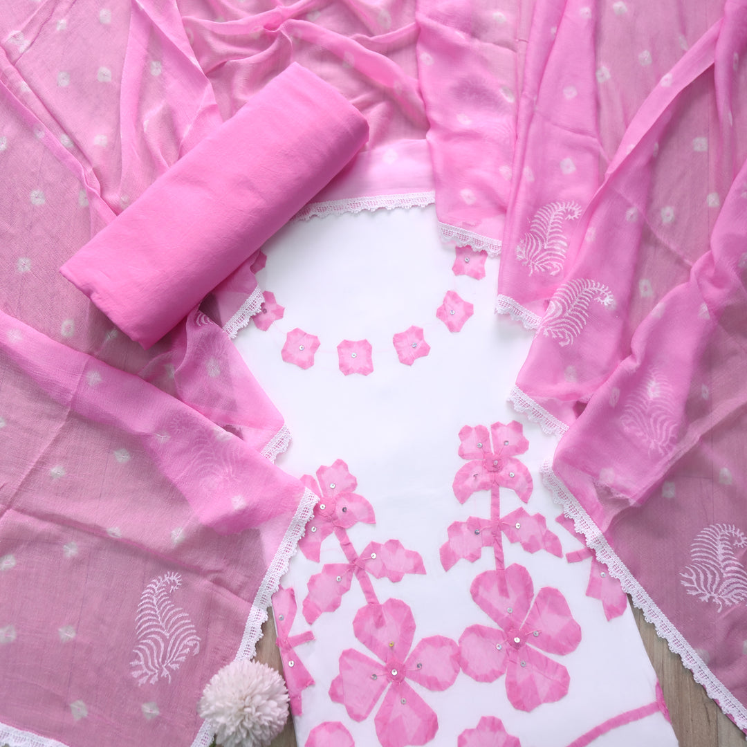 Sobiya White with Pink Floral Applique Work Cotton Suit Set