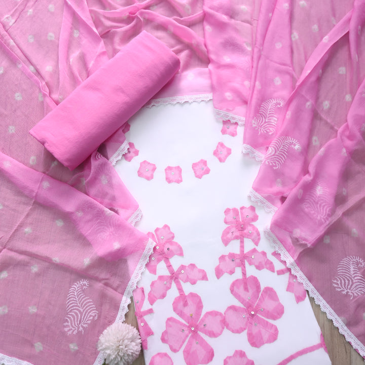 Sobiya White with Pink Floral Applique Work Cotton Suit Set