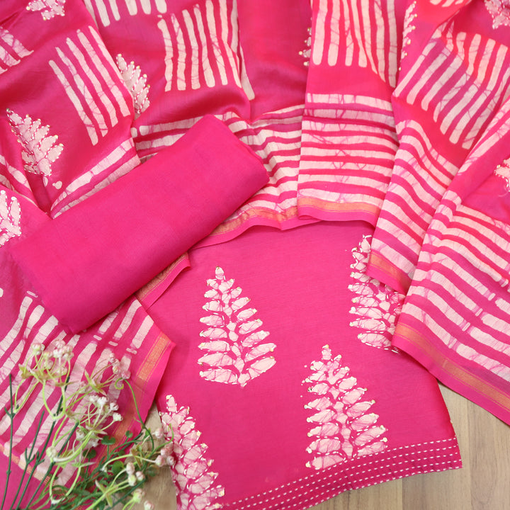 Kiara Brigth Pink All Over Batik Printed with Thread Work Cotton Chanderi Suit Set