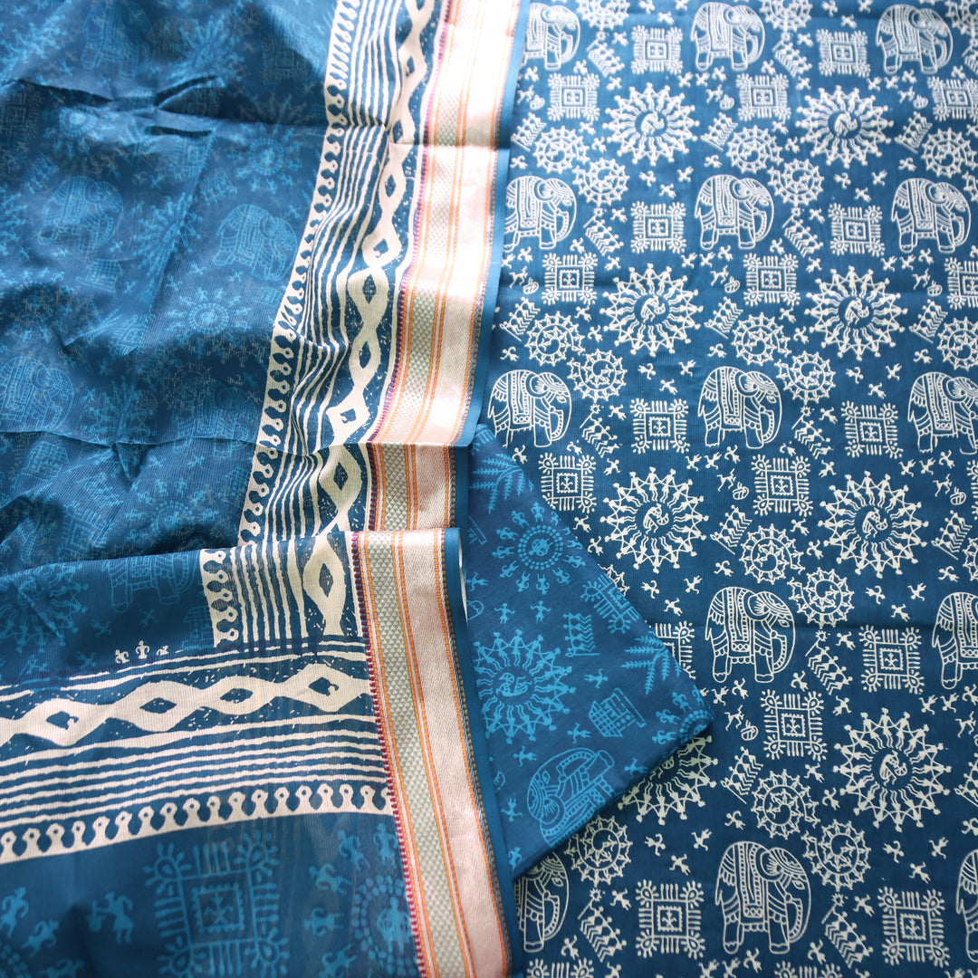 Anaya Cerulean Blue Warli Printed in Mangalgiri Hem Work Cotton Suit Set D4