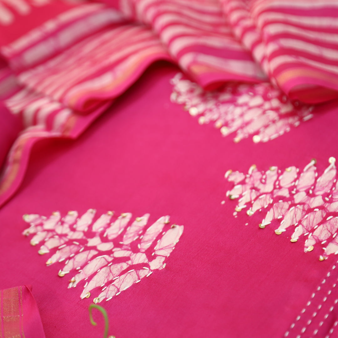Kiara Brigth Pink All Over Batik Printed with Thread Work Cotton Chanderi Suit Set