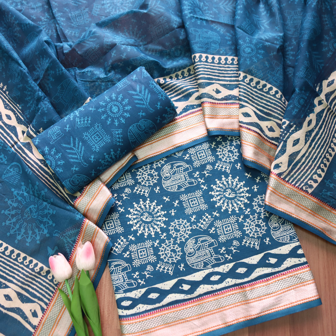 Anaya Cerulean Blue Warli Printed in Mangalgiri Hem Work Cotton Suit Set D4