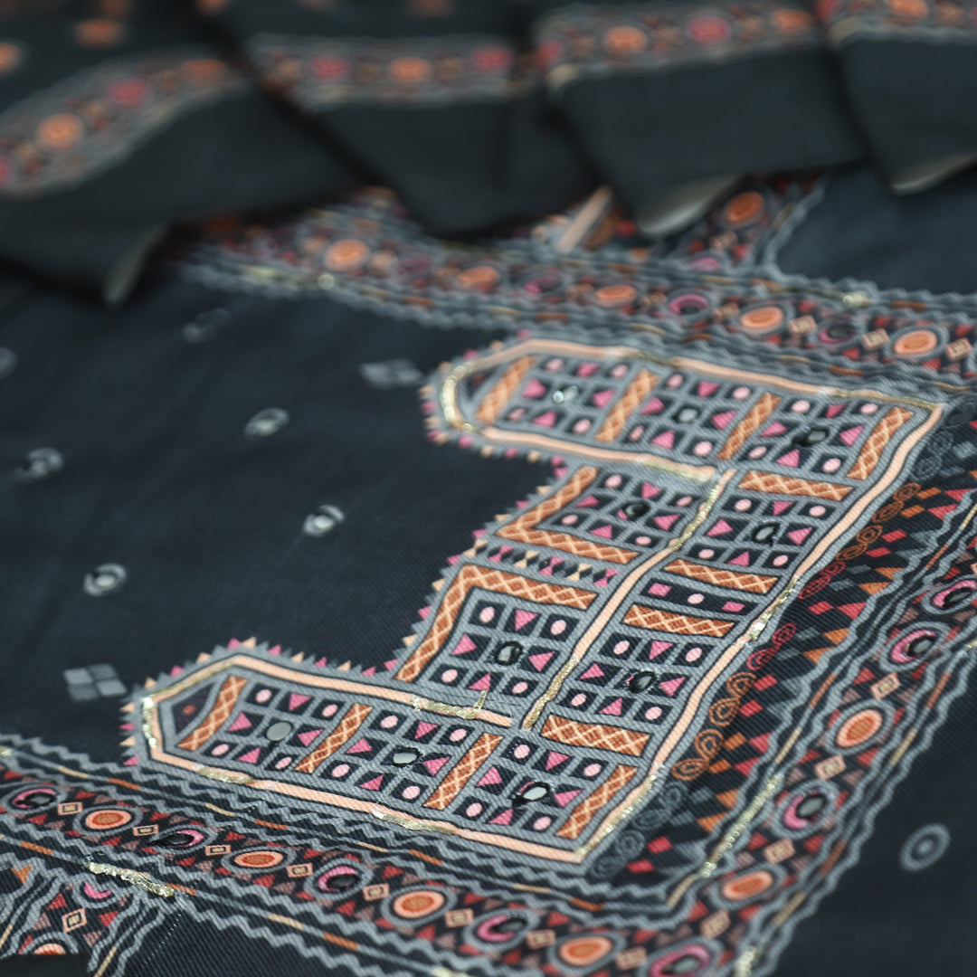 शाहीमहल Coal Black Elegant Panel Print with Patra Work Semi Pashmina winter Set