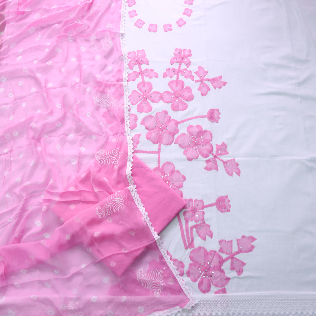 Sobiya White with Pink Floral Applique Work Cotton Suit Set