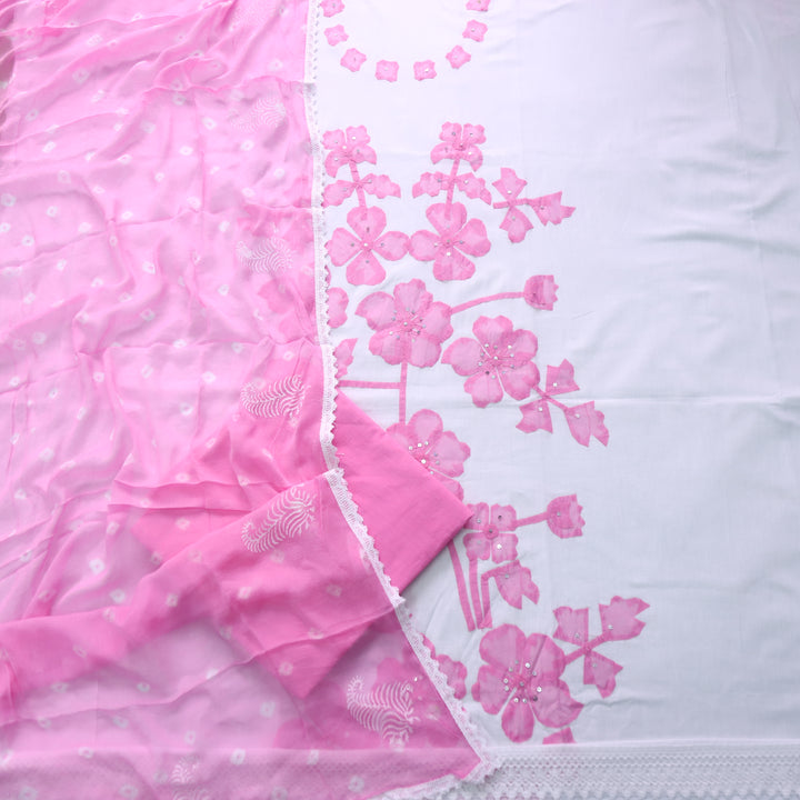 Sobiya White with Pink Floral Applique Work Cotton Suit Set