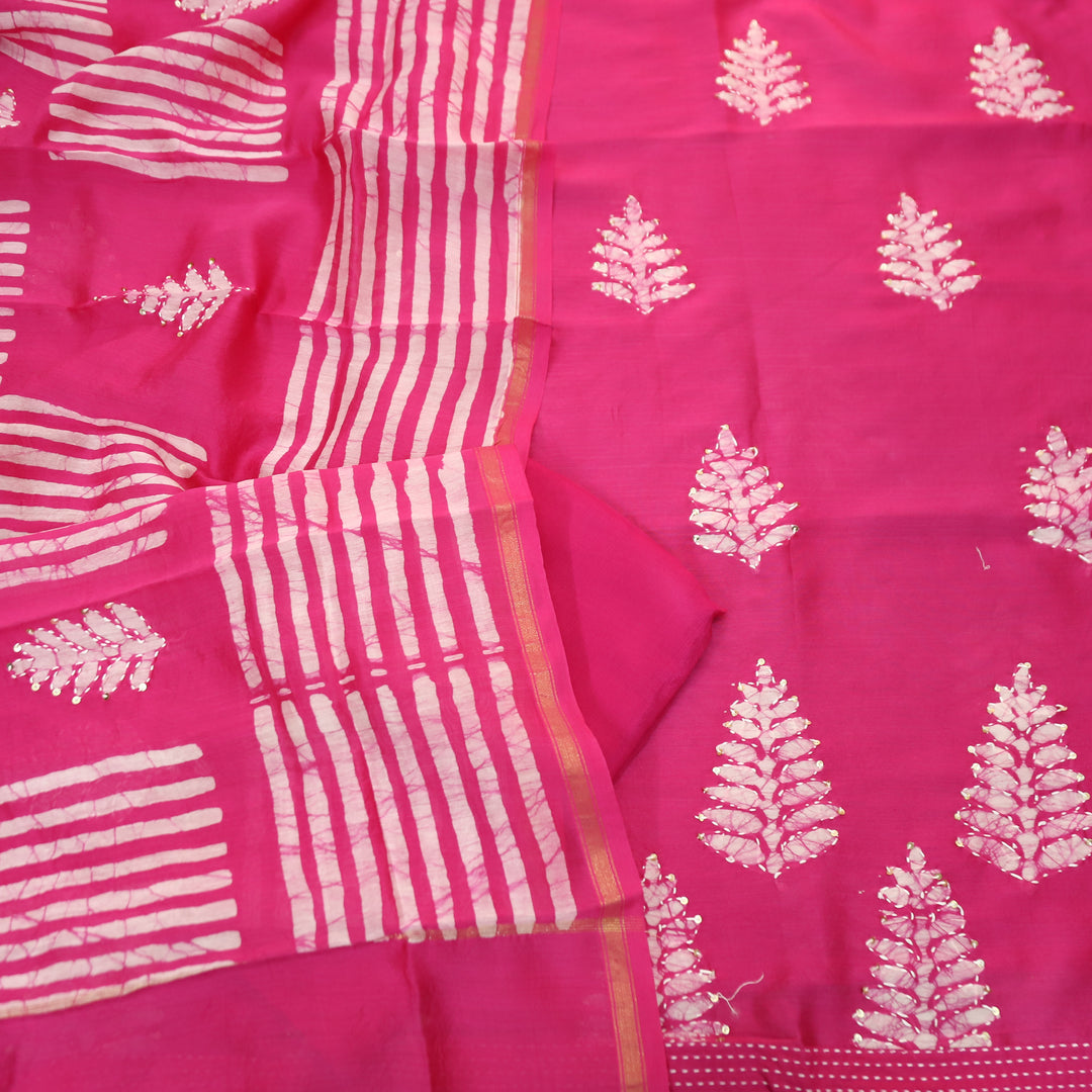 Kiara Brigth Pink All Over Batik Printed with Thread Work Cotton Chanderi Suit Set