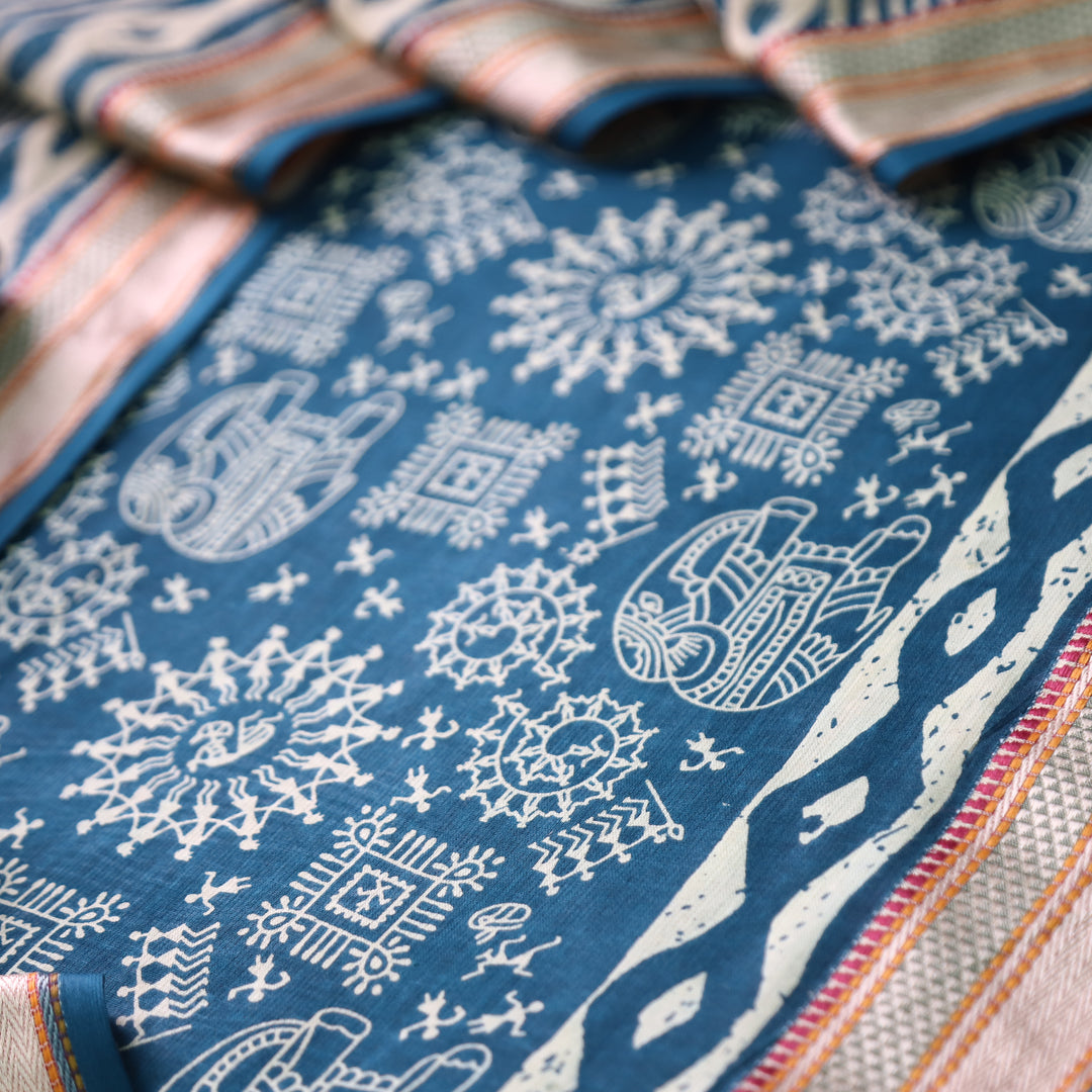 Anaya Cerulean Blue Warli Printed in Mangalgiri Hem Work Cotton Suit Set D4