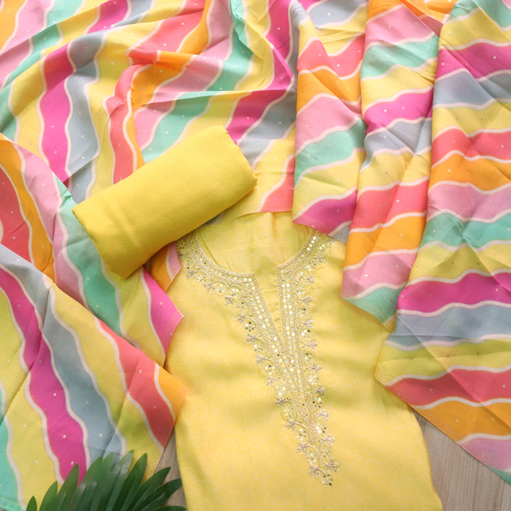 Rahi Pineapple Yellow Embellished Round V Neck Patra Work Modal Suit Set