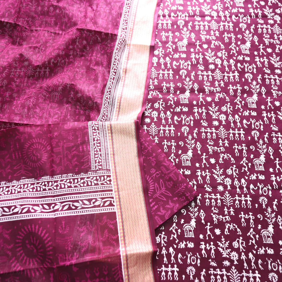 Anaya Berry Purple Warli Printed in Mangalgiri Hem Work Cotton Set
