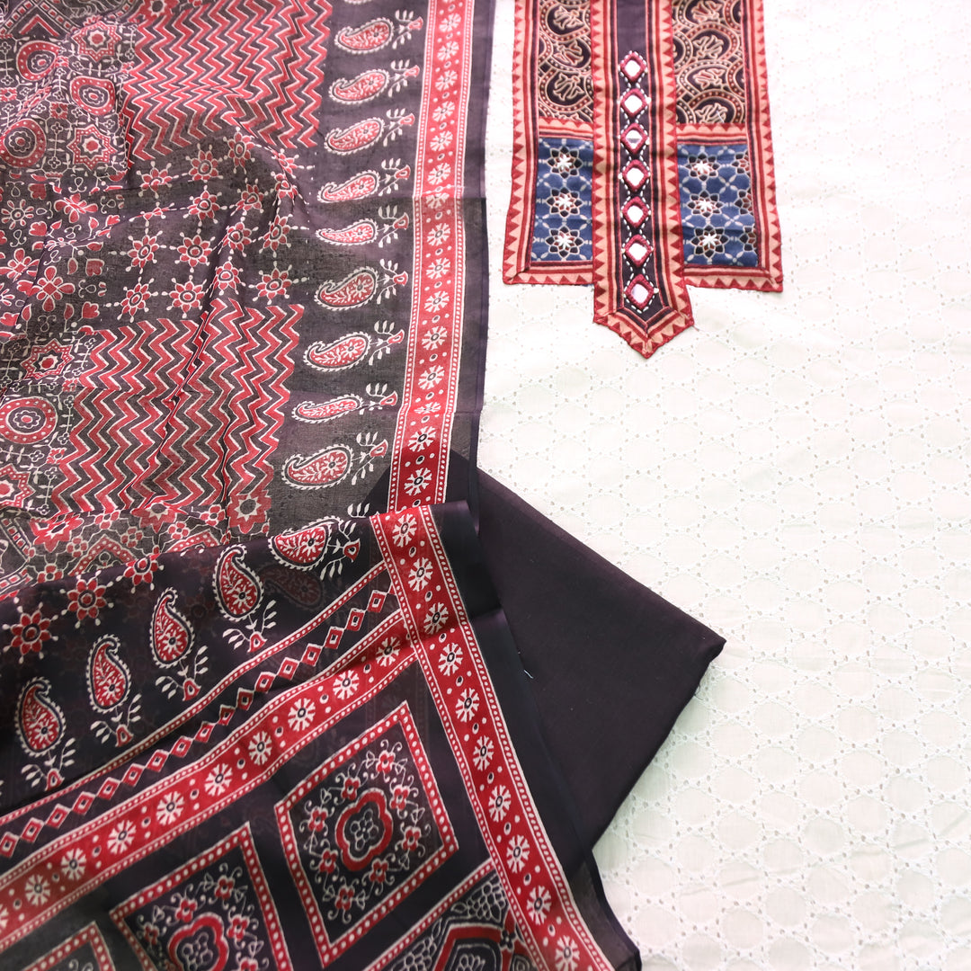 Nurvi Beige with Kutch Patch Cotton Schiffli Top and Black Printed Dupatta Set