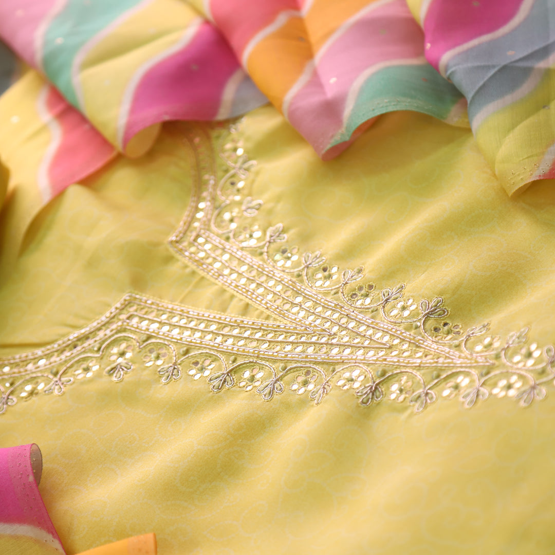 Rahi Pineapple Yellow Embellished Round V Neck Patra Work Modal Suit Set