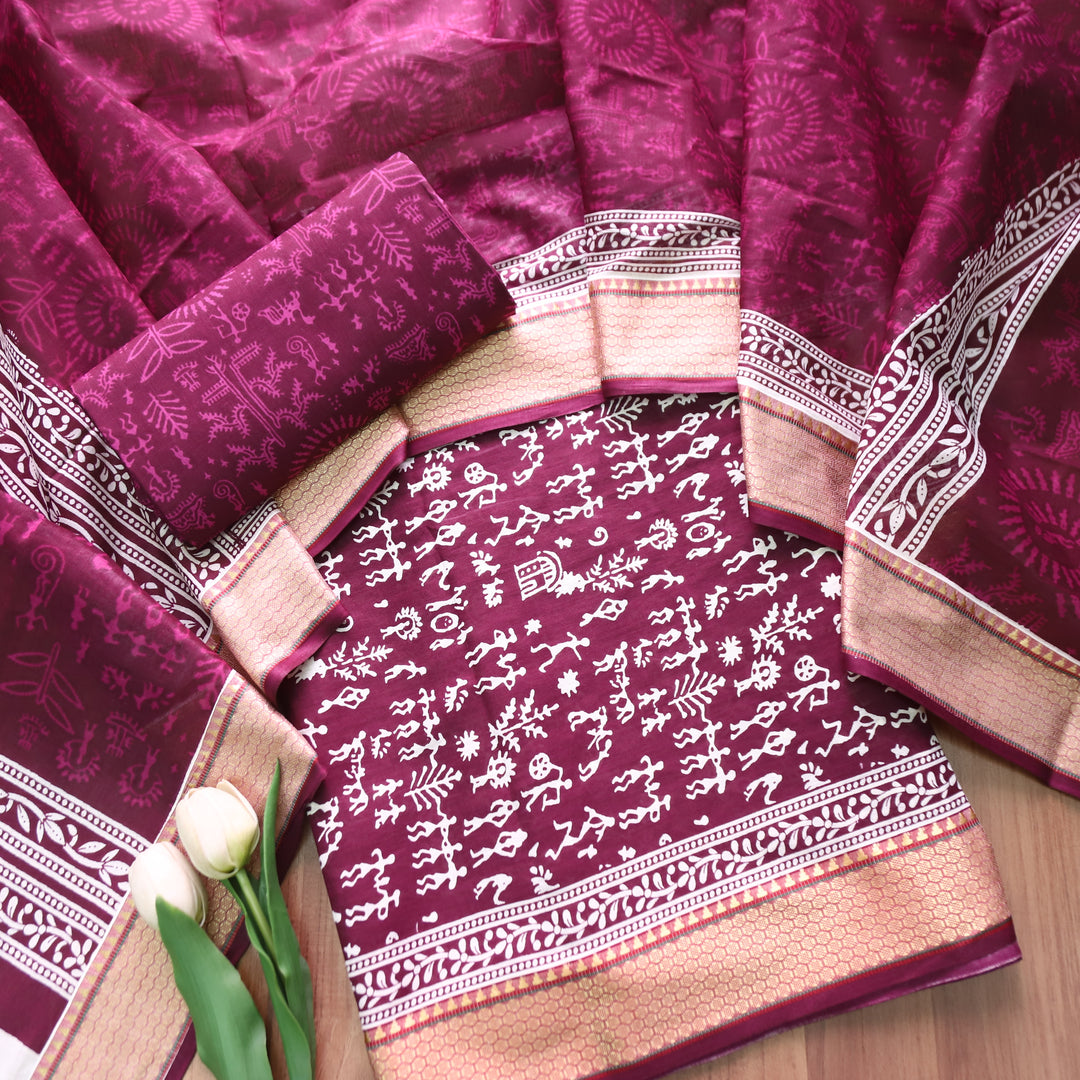 Anaya Berry Purple Warli Printed in Mangalgiri Hem Work Cotton Set