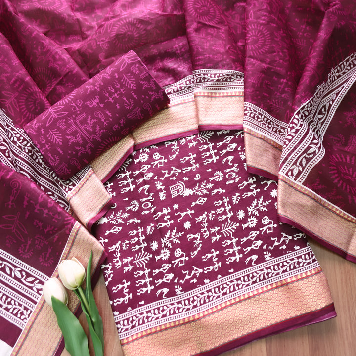 Anaya Berry Purple Warli Printed in Mangalgiri Hem Work Cotton Set