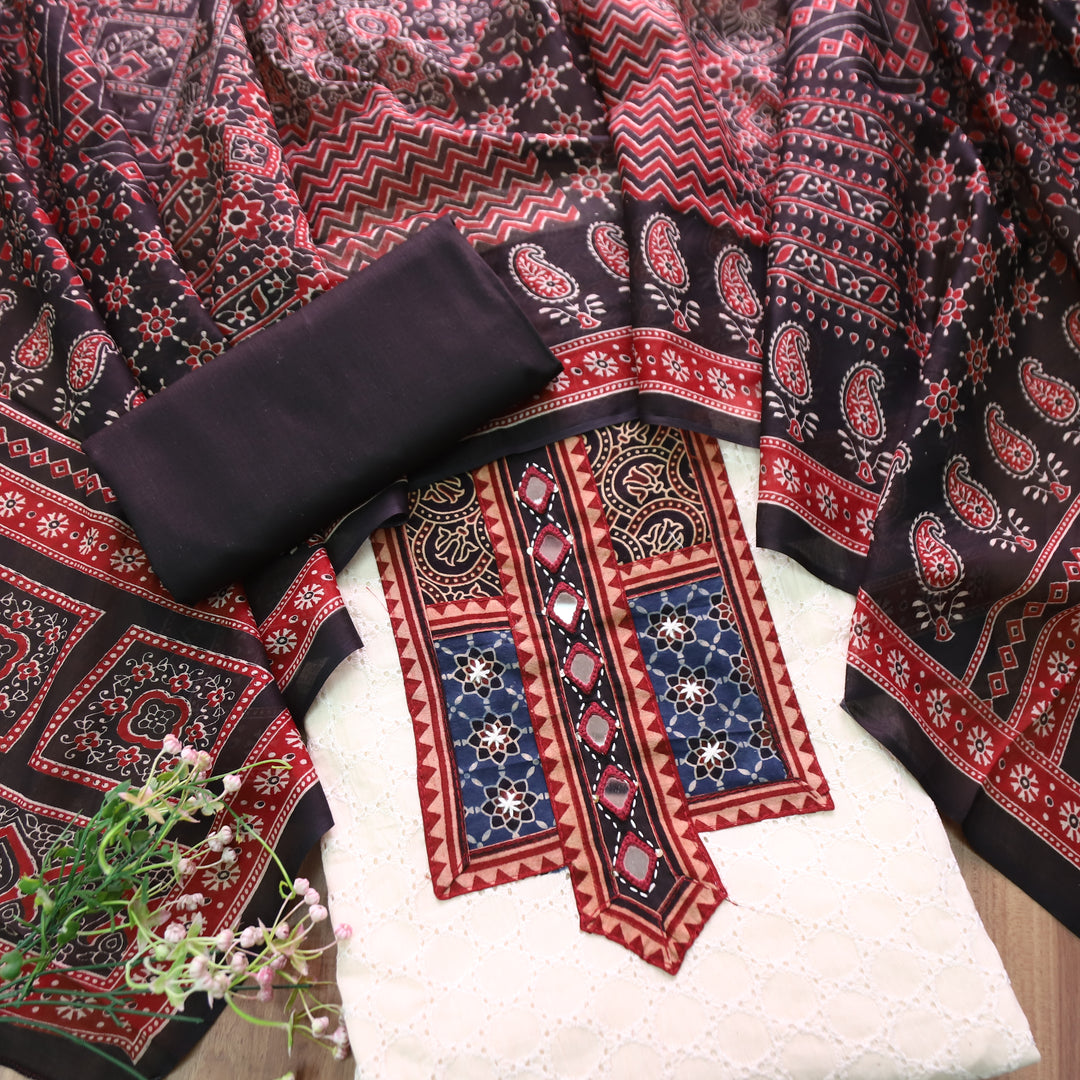Nurvi Beige with Kutch Patch Cotton Schiffli Top and Black Printed Dupatta Set