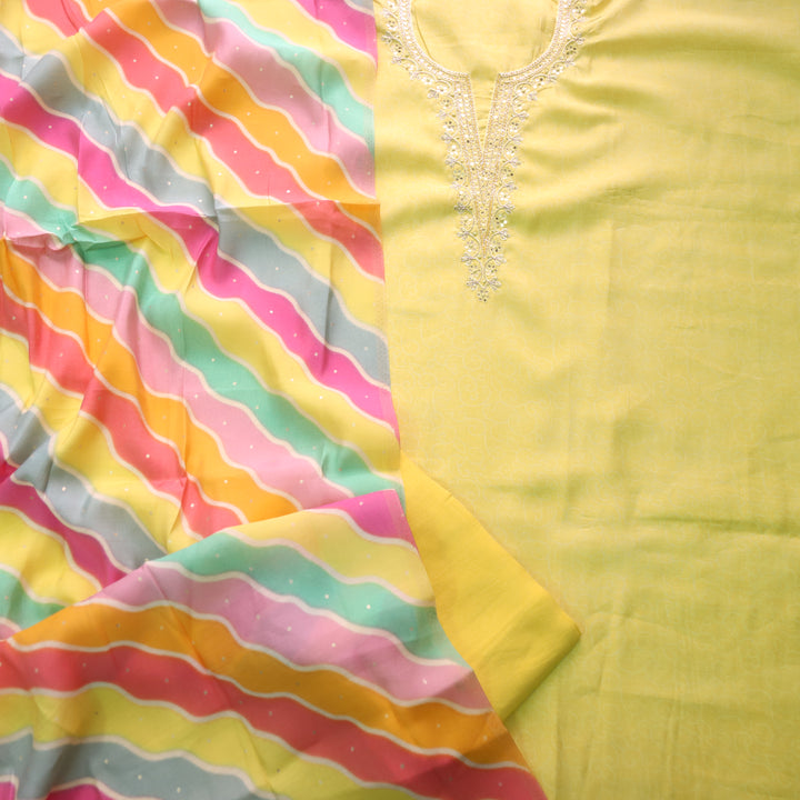 Rahi Pineapple Yellow Embellished Round V Neck Patra Work Modal Suit Set