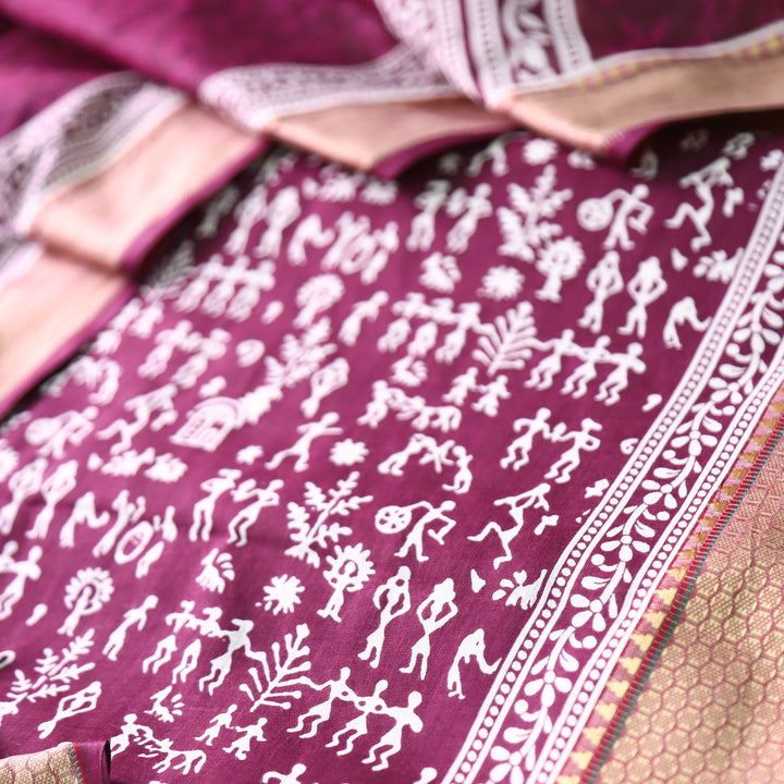 Anaya Berry Purple Warli Printed in Mangalgiri Hem Work Cotton Set
